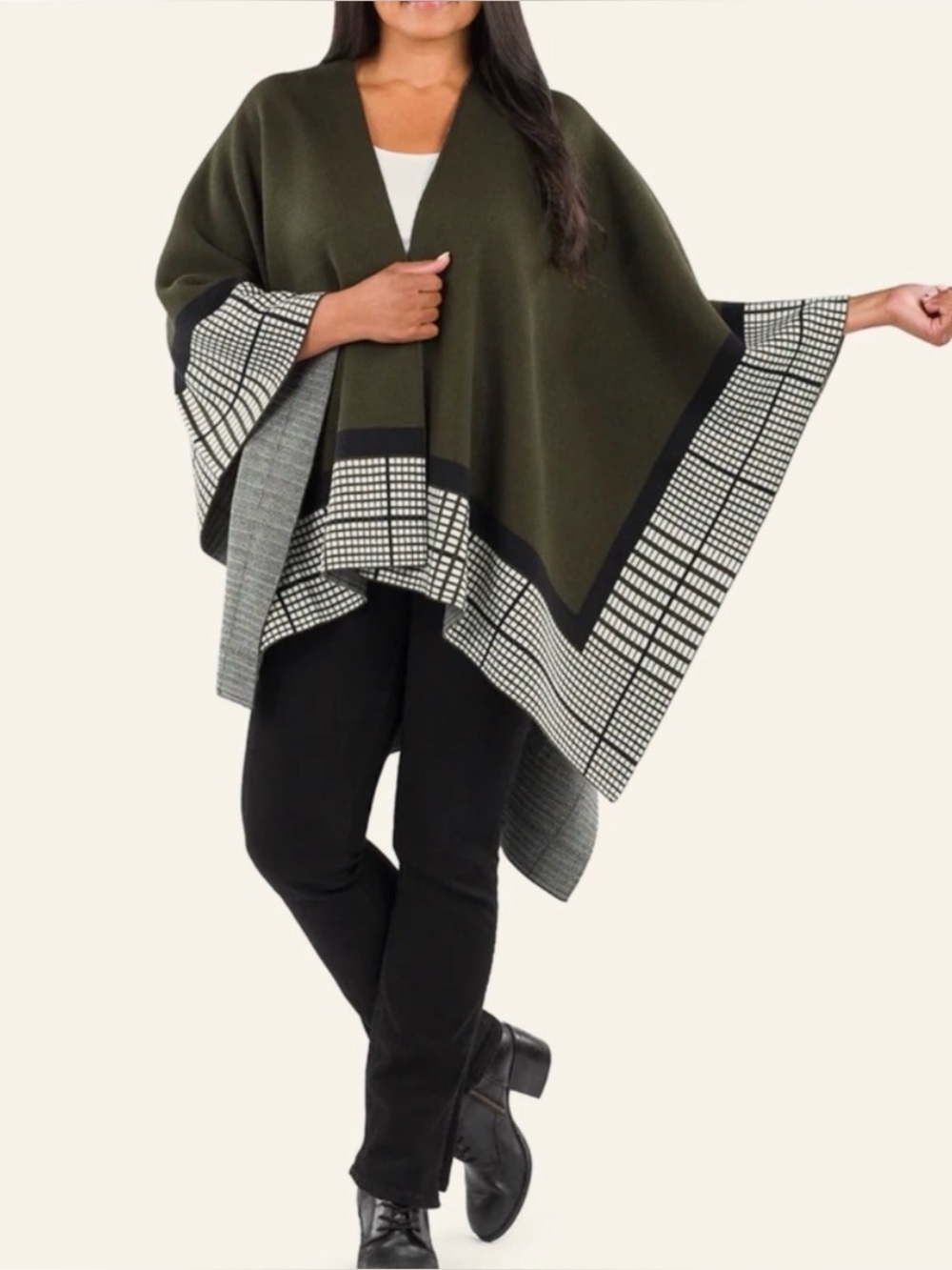 Patricia Nash Olive Green Grid-Trim Poncho Cape